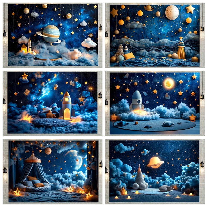 

Blue Universe Boy and Girl Birthday Backdrops for Photography Baby Portrait Party Background Photographic for Photo Studio Props