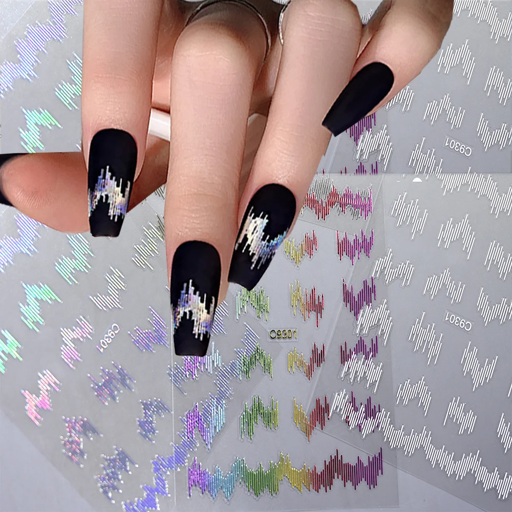 6 Sheets/set 3D Reflective Embossed Nail Art  Stickers Luxury High Gloss Reflect Lines Gold Silver  Nail Decals For Club Party