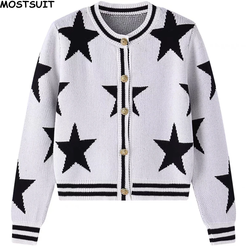 

Stylish Jacquard Sweater For Women Knit Cardigan Knitwear Vintage Elegant Chic Ladies Tops Long Sleeve Single-breasted Jumpers