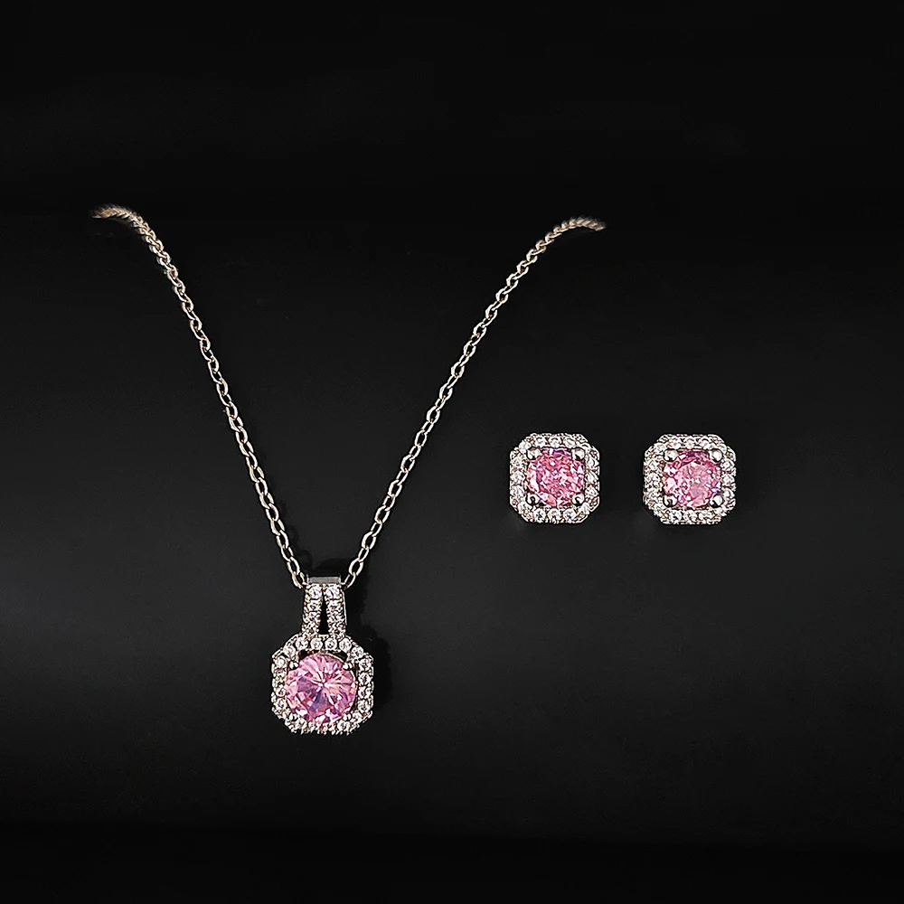 2024 New Trendy pink Color Earrings and Necklace Pendant Set for Women Anniversary Gift Jewelry Wholesale x1104-e1104