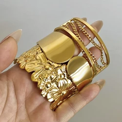 Chunky Punk Gold Color Charm Wide Stainless Steel Wide Bangle Bracelet for Women New Flower Geometric Chain Open Bangles Jewelry