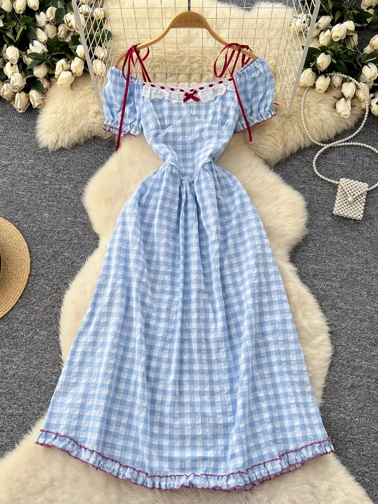 Japanese Elegant Kawaii Mori Girl Style Dress Women Bow Puff Sleeve Plaid  Party Dress Female Casual Chic Sweet Clothing Summer - AliExpress 200000345