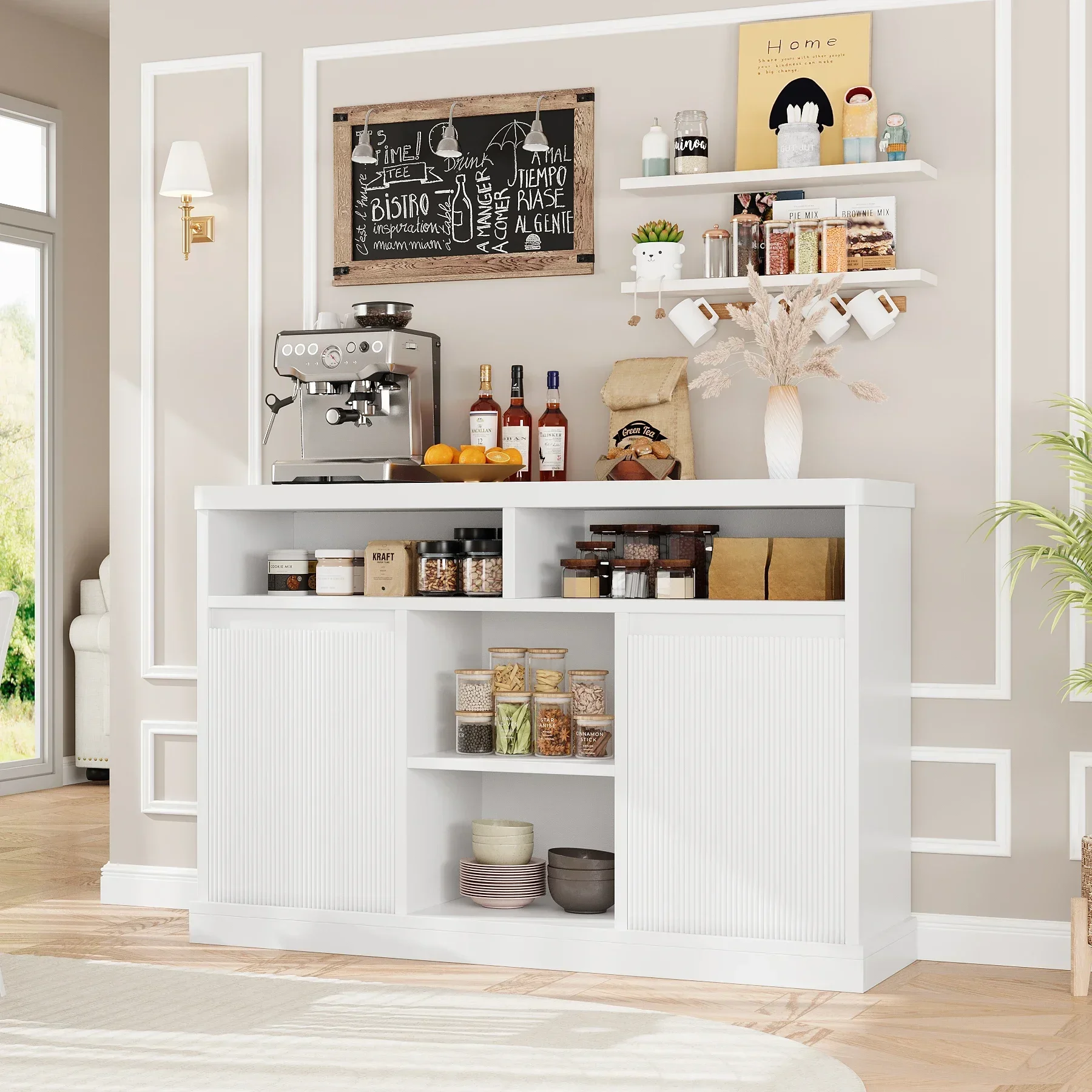 Sideboard Buffet Storage Cabinet with Fluted Doors, White Modern 47