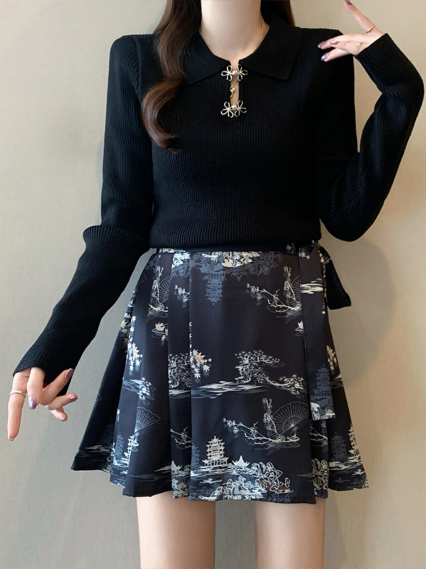 

New Chinese Style Women's Early Spring plus Size Knitted Top And Skirt Set Floral Print Slim Fit Commute Style Fashionable Tw...