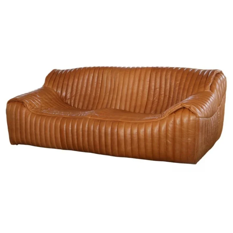

French retro sofa leather small apartment living room 2 people 3 people wavy brown cowhide sofa