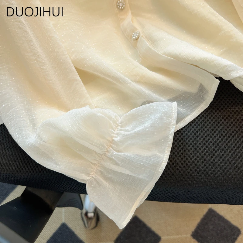 DUOJIHUI French Chic Stand Neck Simple Chiffon Female Shirt Autumn New Fashion Solid Color Loose Office Ladies Sweet Women Shirt