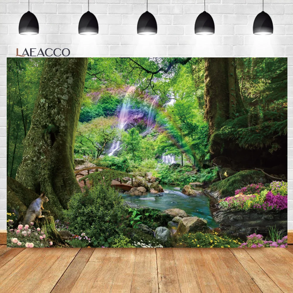 

Laeacco Spring Forest Park Photography Backdrop Jungle Garden Rainbow Outdoor Outing Family Party Art Portrait Photo Background