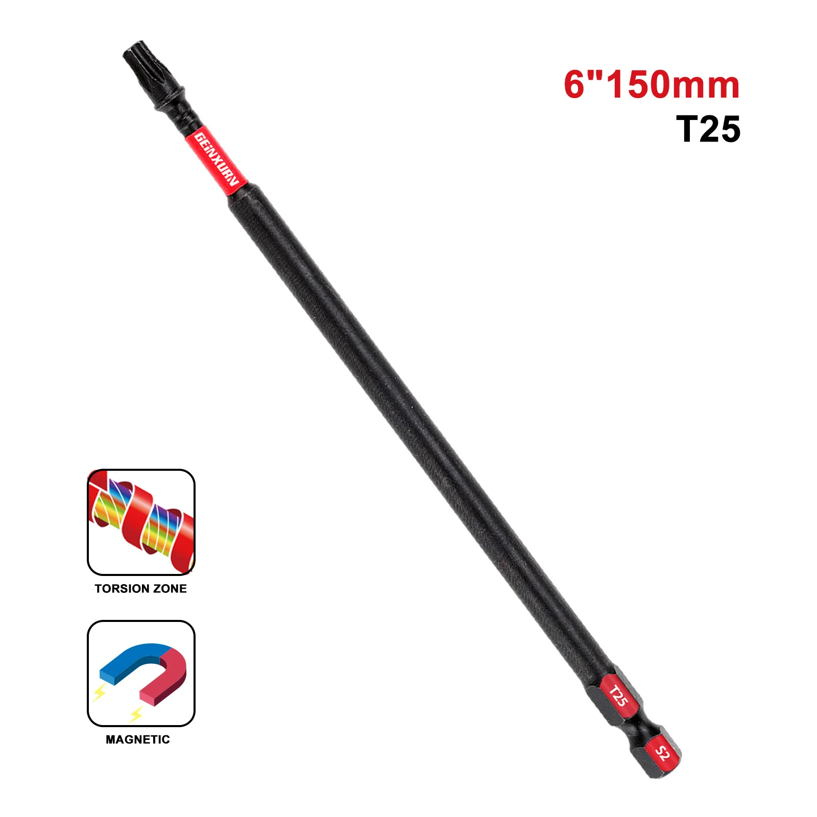 Geinxurn 6 cali # 25 bitów wkrętakowych Torx, zestaw magnetycznych końcówek wkrętakowych T25 ze stali stopowej S2