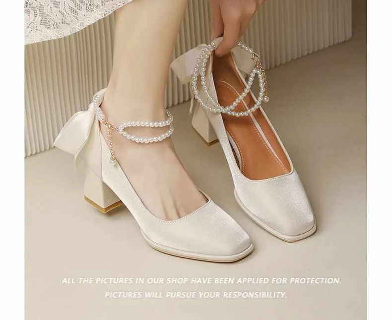 2024 New Women High Heels Mary Jane Comfort Shoes Party Wedding White Red Ruffles Bow Princess Lolita Pumps Size 34-40