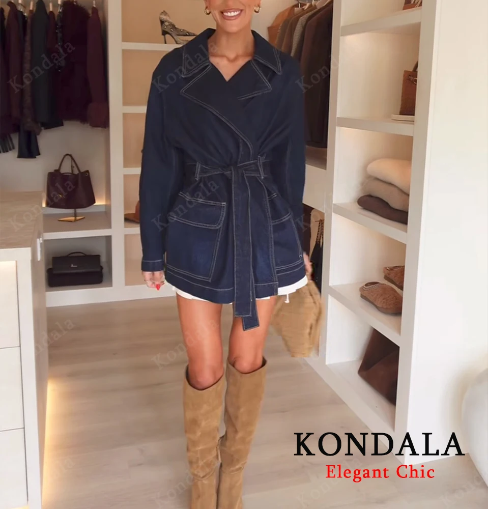 

KONDALA-Women Fashion Denim Short Trench Jacket V-Neck Belt Loose Windbreaker New 2025 Fall Spring High Street Denim Jacket Coat