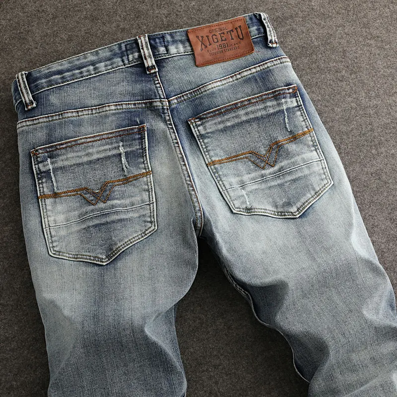Designer Fashion Men's Jeans Retro Elastic Slim Fit Split Jeans Men's Light Blue Pants Embroidered Casual Jeans Pants Hombre