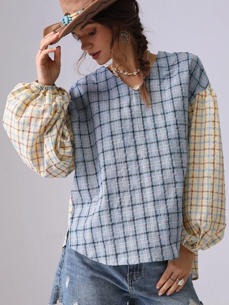 

Ретро лоскутные клетчатые топы, женские рубашки, блузки, весна-лето 202, свободные повседневные пуловеры с v-образным вырезом и длинными рукавами, топы