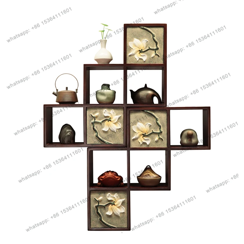 12Modern Chinese style solid wood grid storage rack, creative wall mounted storage rack in tea room foyer, wall mounted