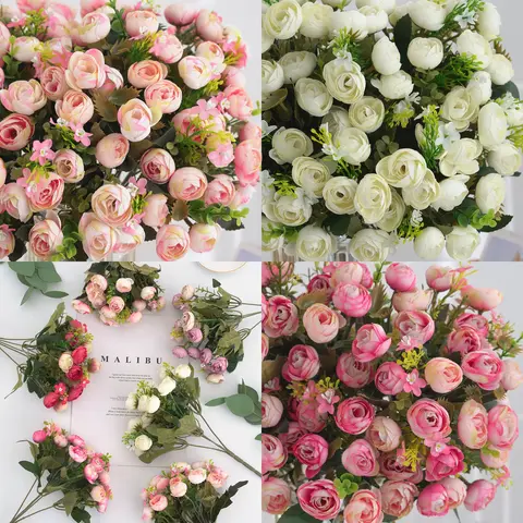1pc 인공 실크 꽃 Ranunculus Asiaticus 꽃다발, DIY 웨딩 부케 센터 피스 신부 샤워 파티를위한 미니 로즈