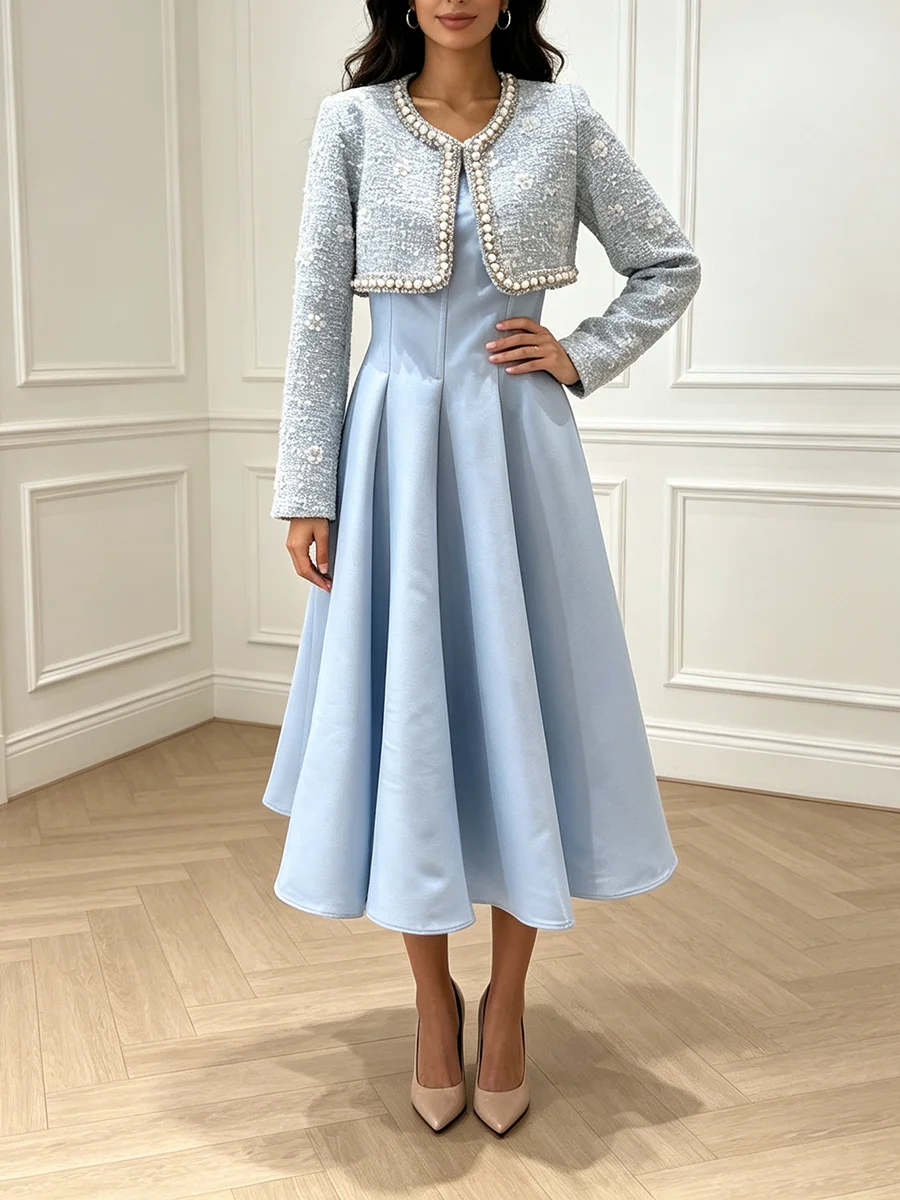 VGH Elegant Chic Tweed Pearl Trim Two Piece Set for Women Open Front Cropped Long Sleeve Round Neck A Line Midi Dress for Party