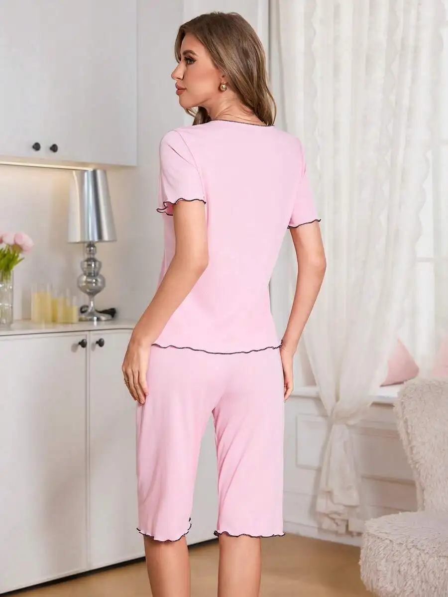 Womens Pink Short Sleeve Pajama Set With Black Trim