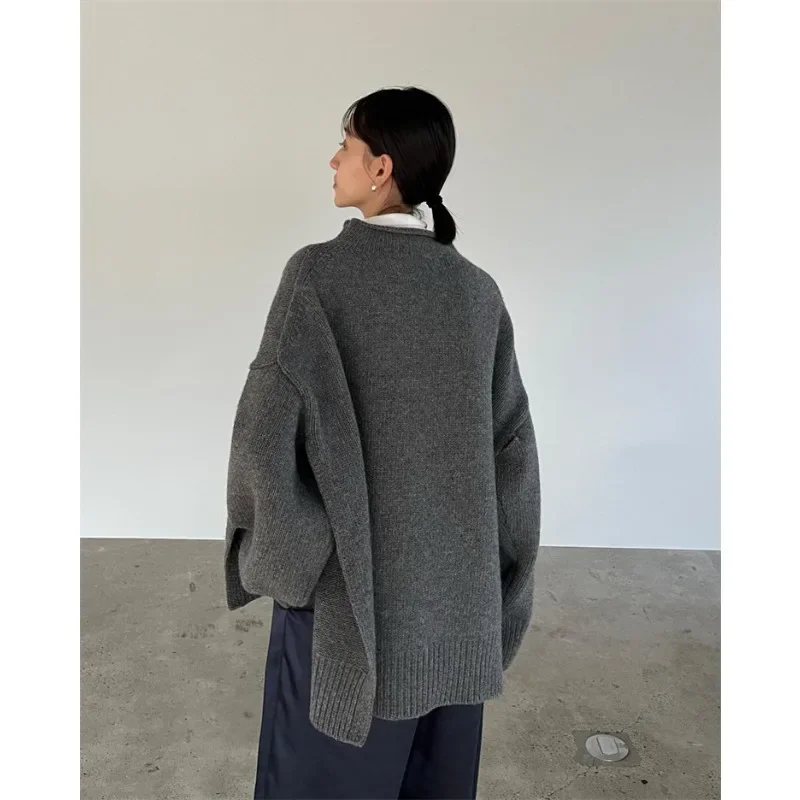 CL@E Wool Pullover for Women in Autumn and Winter, Loose Fitting Sweater, Large Slit Cape Style Silhouette Knit Sweater LUXURY