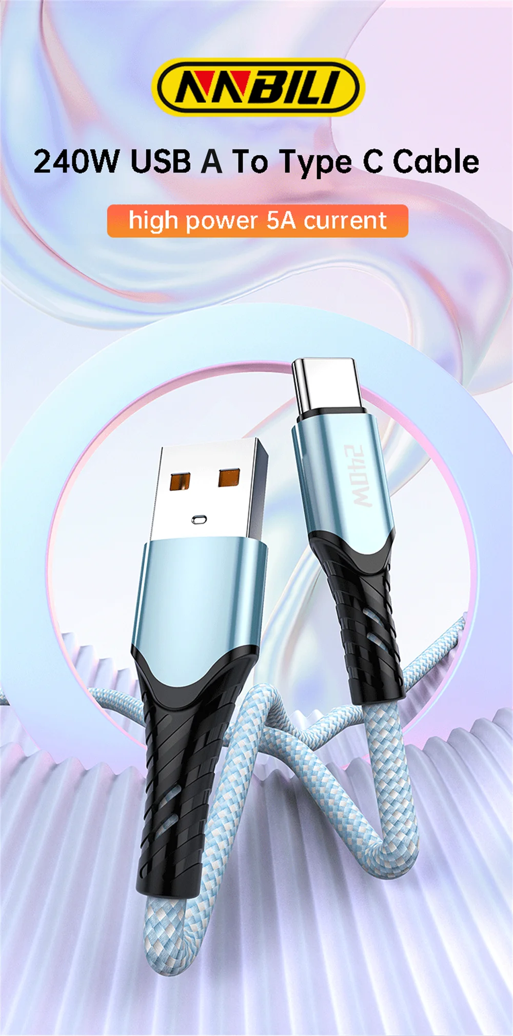 NNBILI Nylon Braided Type C Charger Cables 240W Fast Charging High-speed Data Transfer Data Wire for Android Samsung Xiaomi 