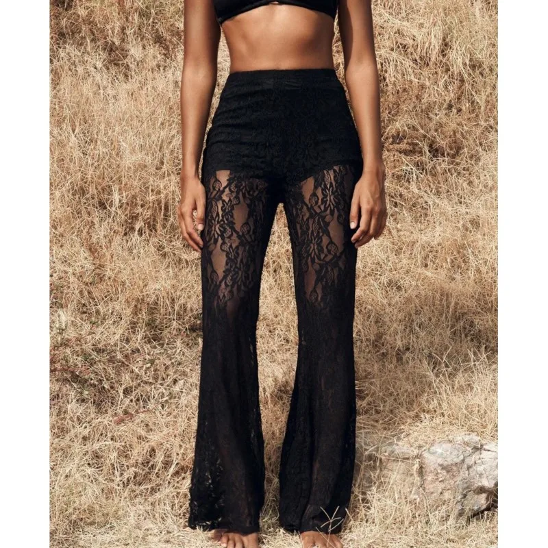 Pantaloni Vintage Neri da Donna con Spacco e Cuciture in Pizzo Sexy a Doppio Strato Casual Primavera Estate Semplici Pantaloni a Zampa Alta