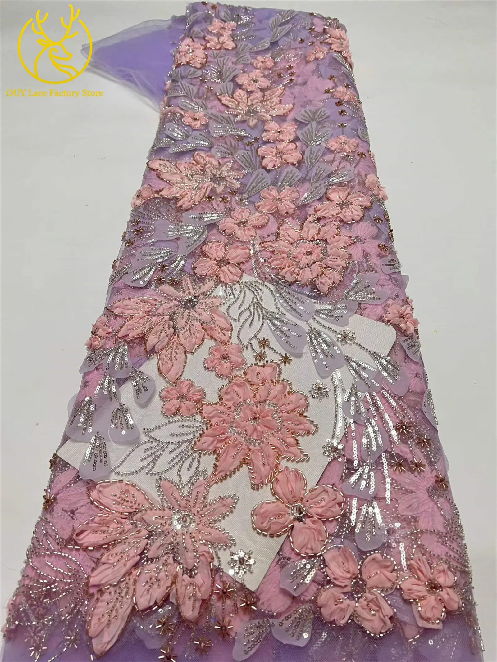 Exquisiter französischer Spitzenstoff mit Blumenstickerei und Pailletten, afrikanischer Perlen-Spitzenstoff für nigerianische Party- und Hochzeitskleider zum Nähen. – Detail 8