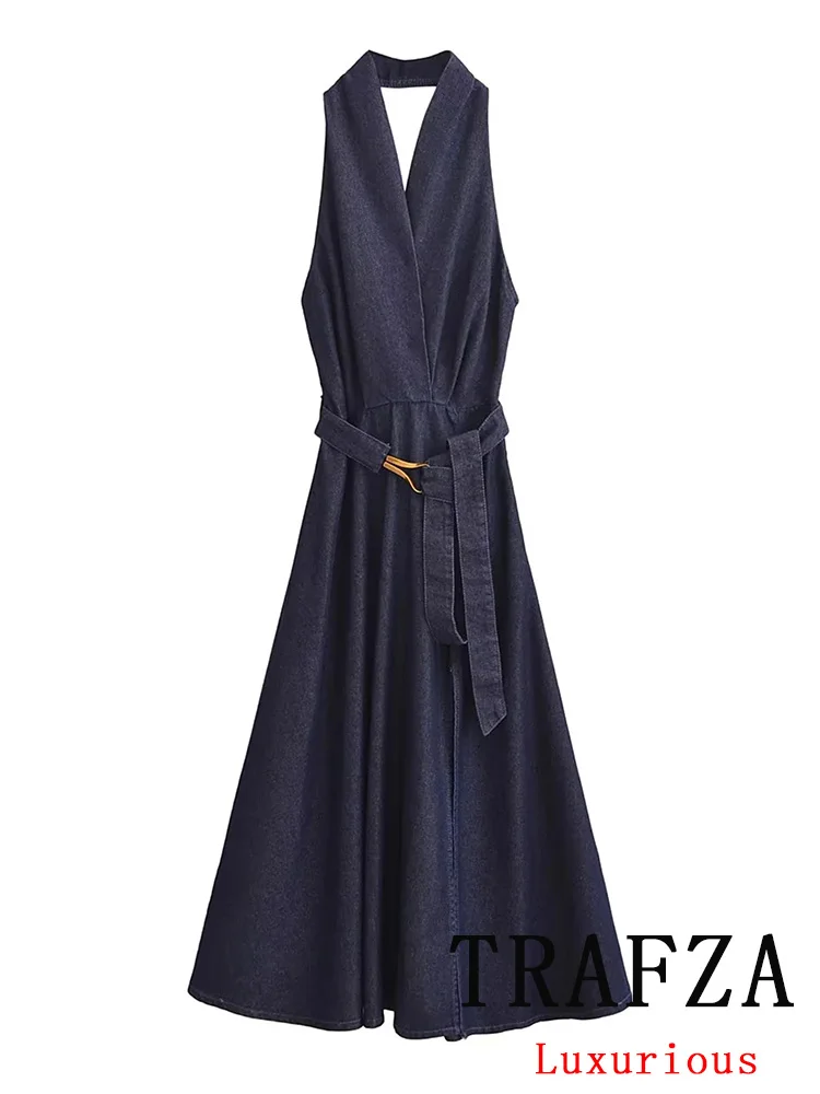 

TRAFZA Casual Chic Women Denim Dress Solid Halter Sleeveless Backless Draped Belt Long Vestidos Fashion 2025 Spring Summer Dress