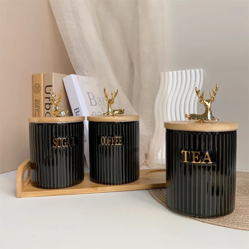 3 Piece Set European White Elk Storage Jar Set Creative Ceramic Candy Jar Home Vertical Pattern Nuts Snacks Herb Storage Bottle