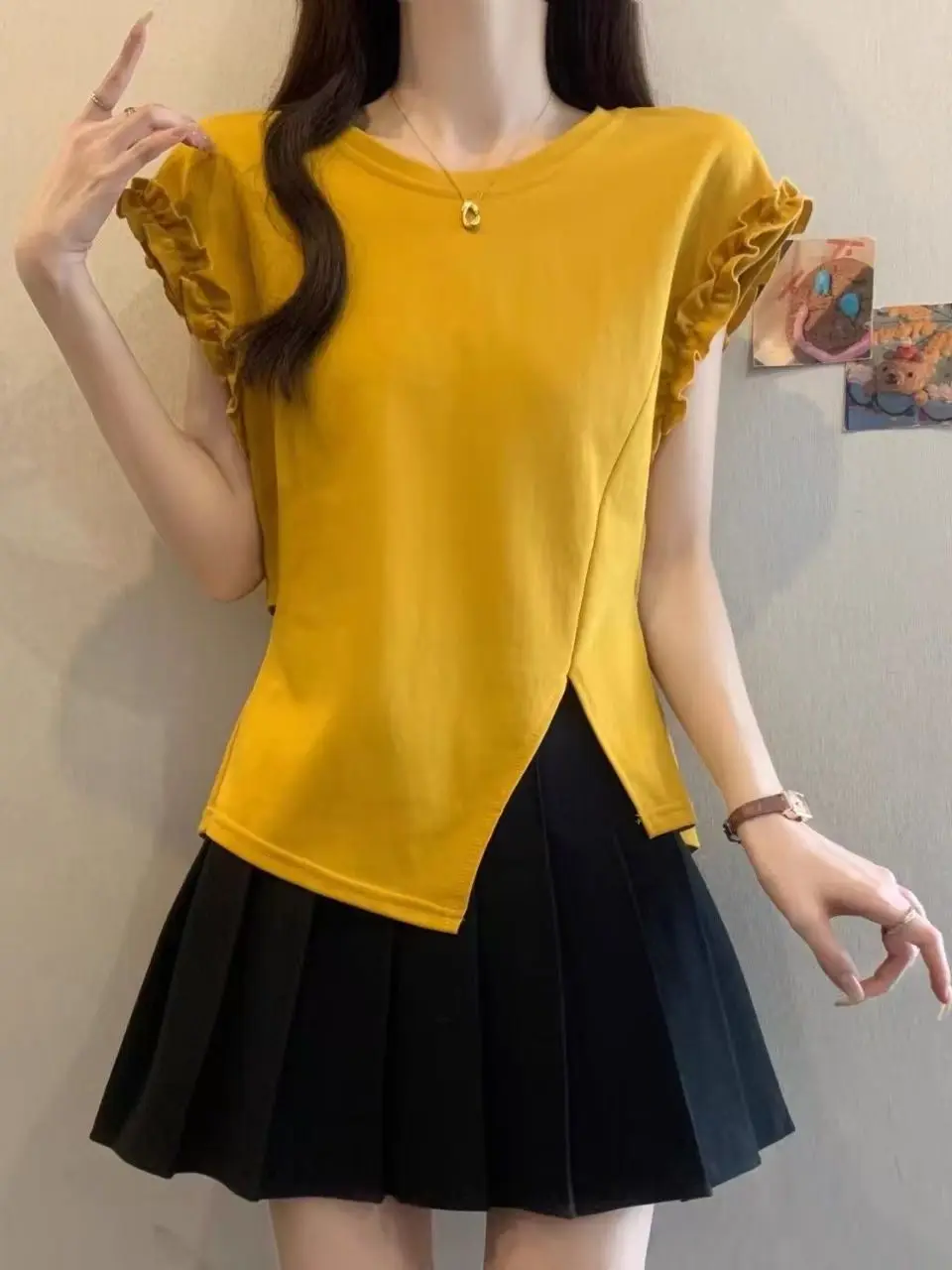 Summer Design Wood Grain  Back Strap T-shirt Women's Fashionable Slimming Top Korean Style Commute Wind Loose Fit Short S...