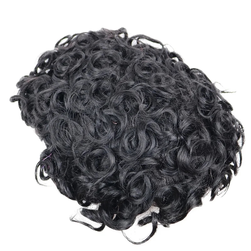 Natural Hairline Men's Toupee Brown Durable Full Pu Base 22mm Curly Human Hair Male Wigs Replacement Capillary Prosthesis System