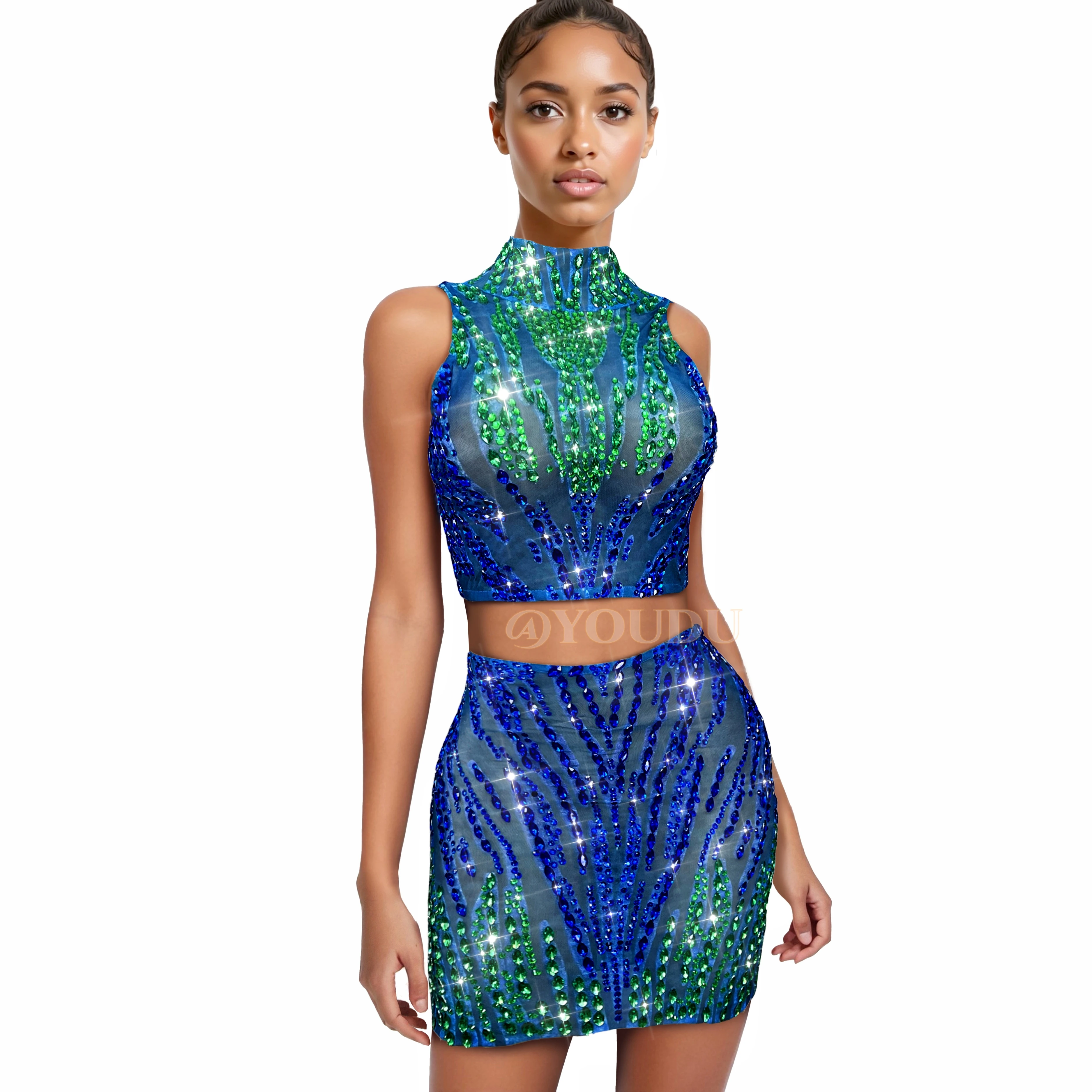 

Twinkling Rhinestones Tank Top Skirt Sexy Mesh Split set Party Celebrate Show Fashion Outfit Dance Stage Performance Lanliuyun