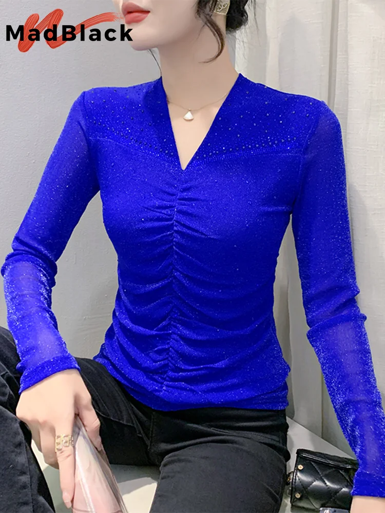 

MadBlack European Clothes Tshirt Women Sexy V Neck Glitter Hot Drill Slim Mesh Top Long Sleeve Tee Autumn Winter T39935JM