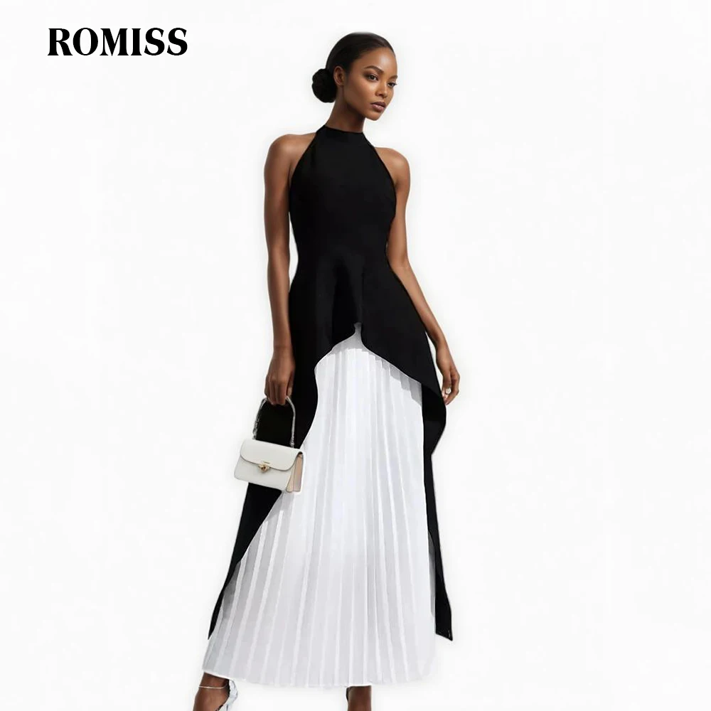 ROMISS Temperament Two Piece Set For Women Halter Collar Irregular Tops High Waist Pleated Midi Skirts Sets Female Clothes