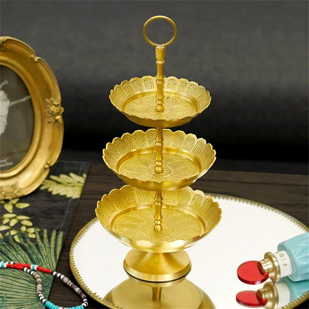 Vintage Carved Brass Storage Tray Home Decoration Storage Three-Layer Tray Luxurious Party Fruit Jewelry Snack Storage Tray
