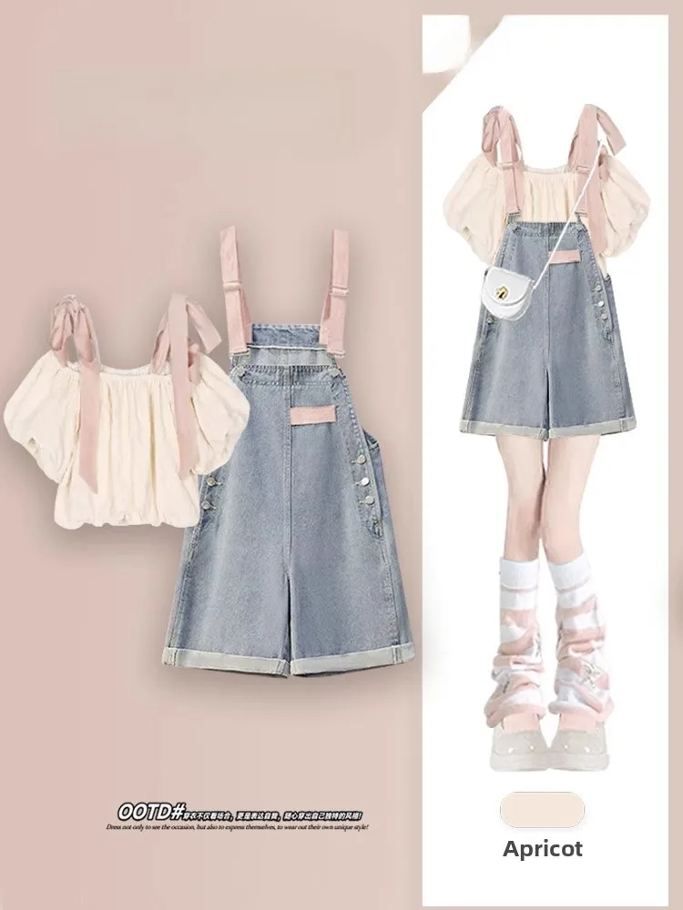 Sweet Summer Anti-Aging Bubble Sve oulder Bared Women's Set Korean Sle Slimming Denim orts Two-Piece Faion Ensemble