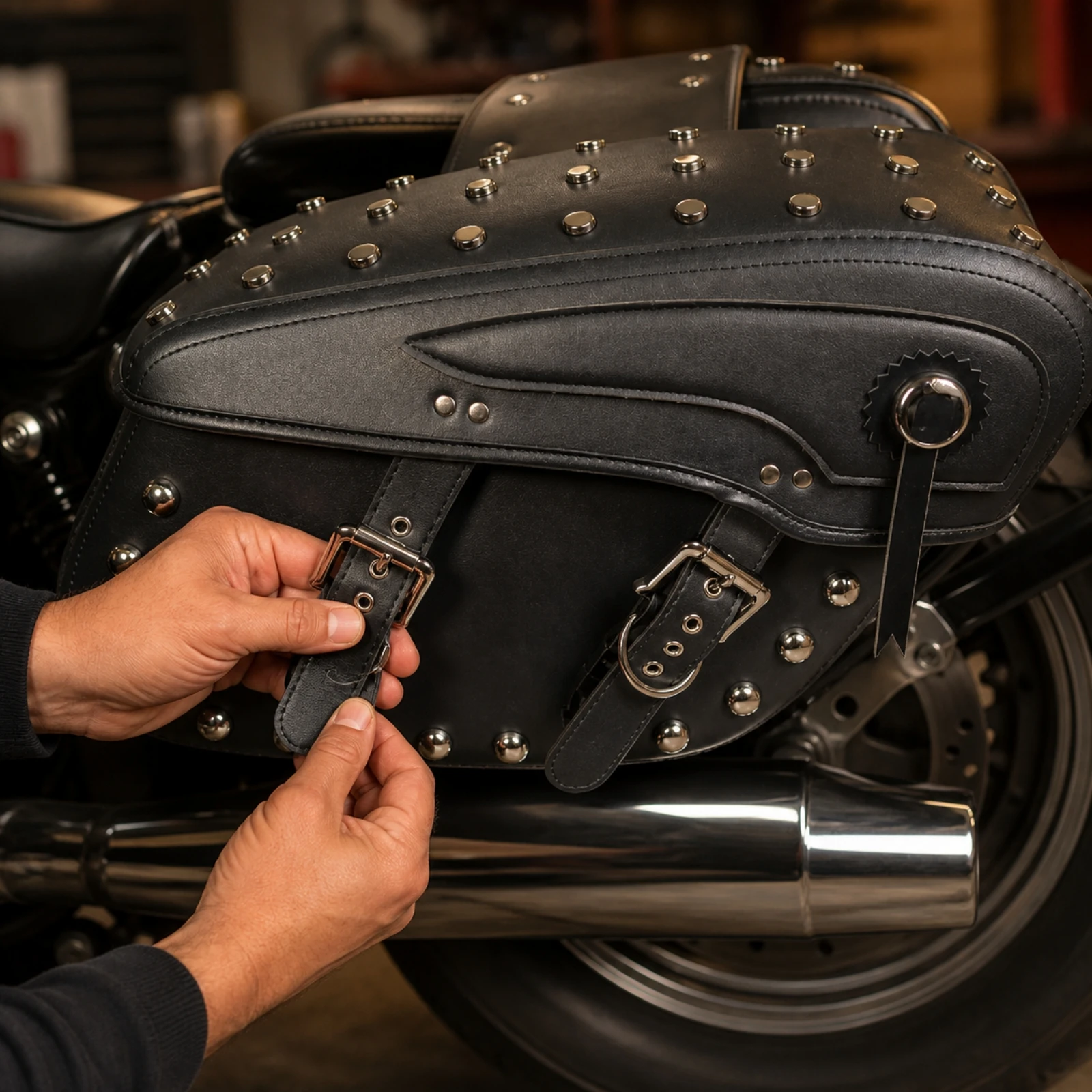 Leather Motorcycle Saddlebags Structured Saddle Bags PU Leather Saddlebags Adjustable Luggage Buckle Closure