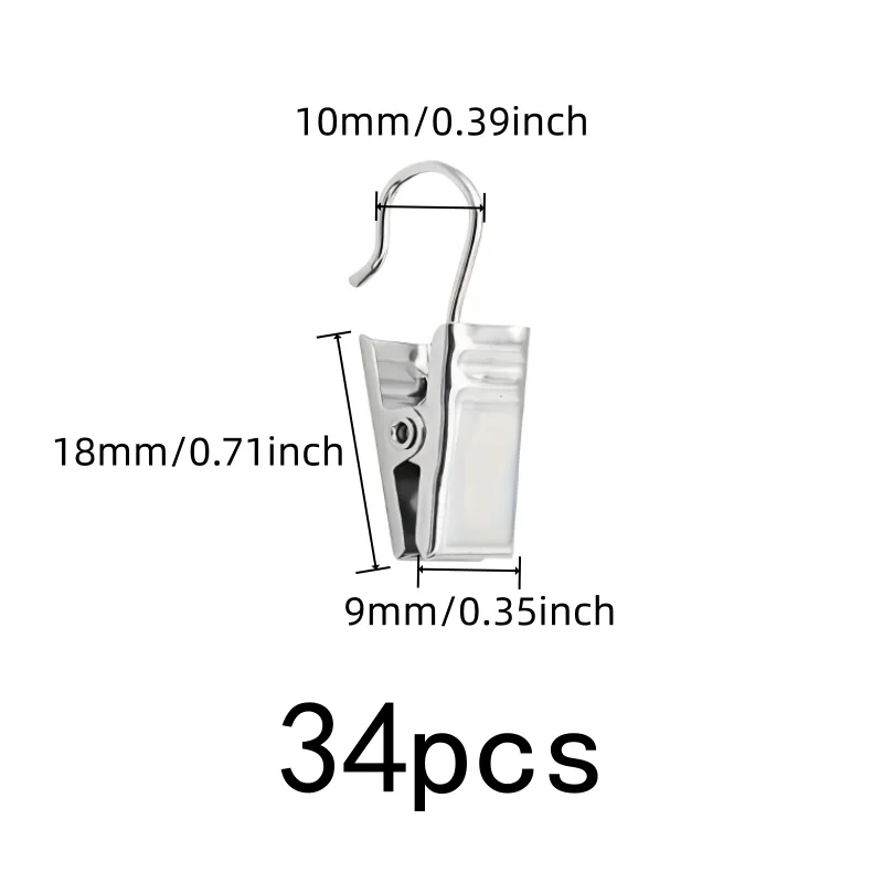 34 pcs Open Curtain Hooks, Silver Open-End Design and Rust Resistant Metal, ideal for Living Room Curtains