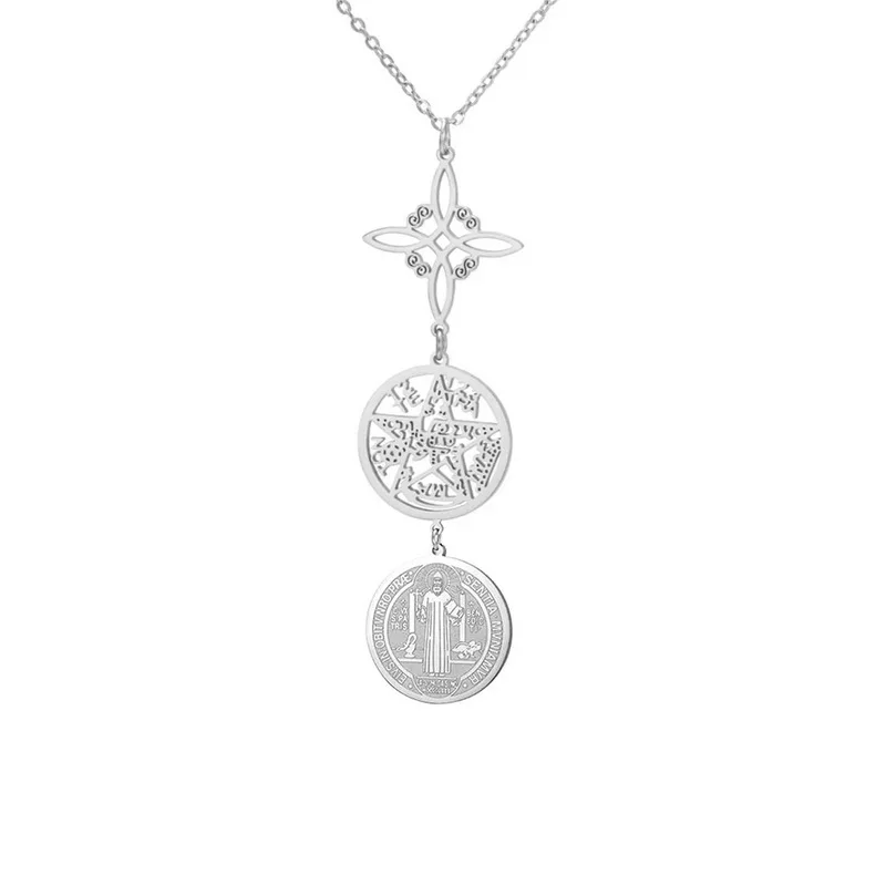 

Stainless Steel Triple Combination Necklace with Pentagram, Witch Knot & Father Hollow,Spiritual Protection Amulet for Men Women