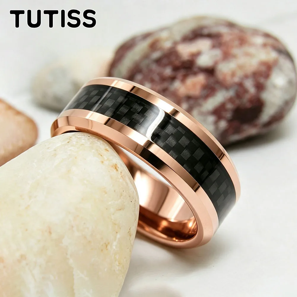 Men 6/8mm Multicolor Tungsten Carbide Ring, Black Carbon Fiber Inlay Beveled Edge Polished Wedding Band Engagement Promise Ring view 6
