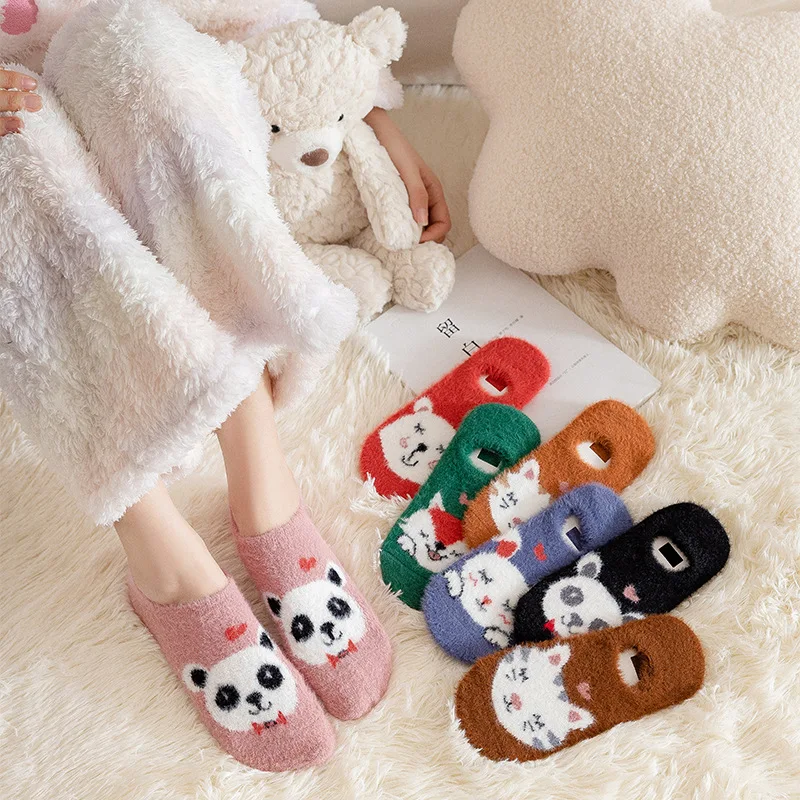 Socks Women Thick Invisible Warm Short Socks Spring Autumn Harajuku Slippers Cartoon Bear Cat Fox Rabbit Cute Kawaii Ankle Sock