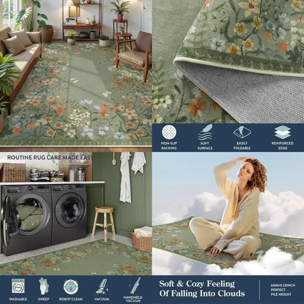 

Boho Style Floral Green 8x10 Area Rugs - Washable, Non-Slip, Ideal for Living Room, Bedroom, and Dining Spaces