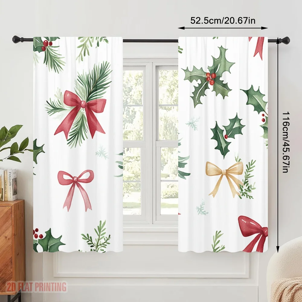 2pcs,2D plane printing Curtains Digital Printed Christmas Bow Holly Berry Tree (4) Polyester Woven (without rod) Festive Ldeal