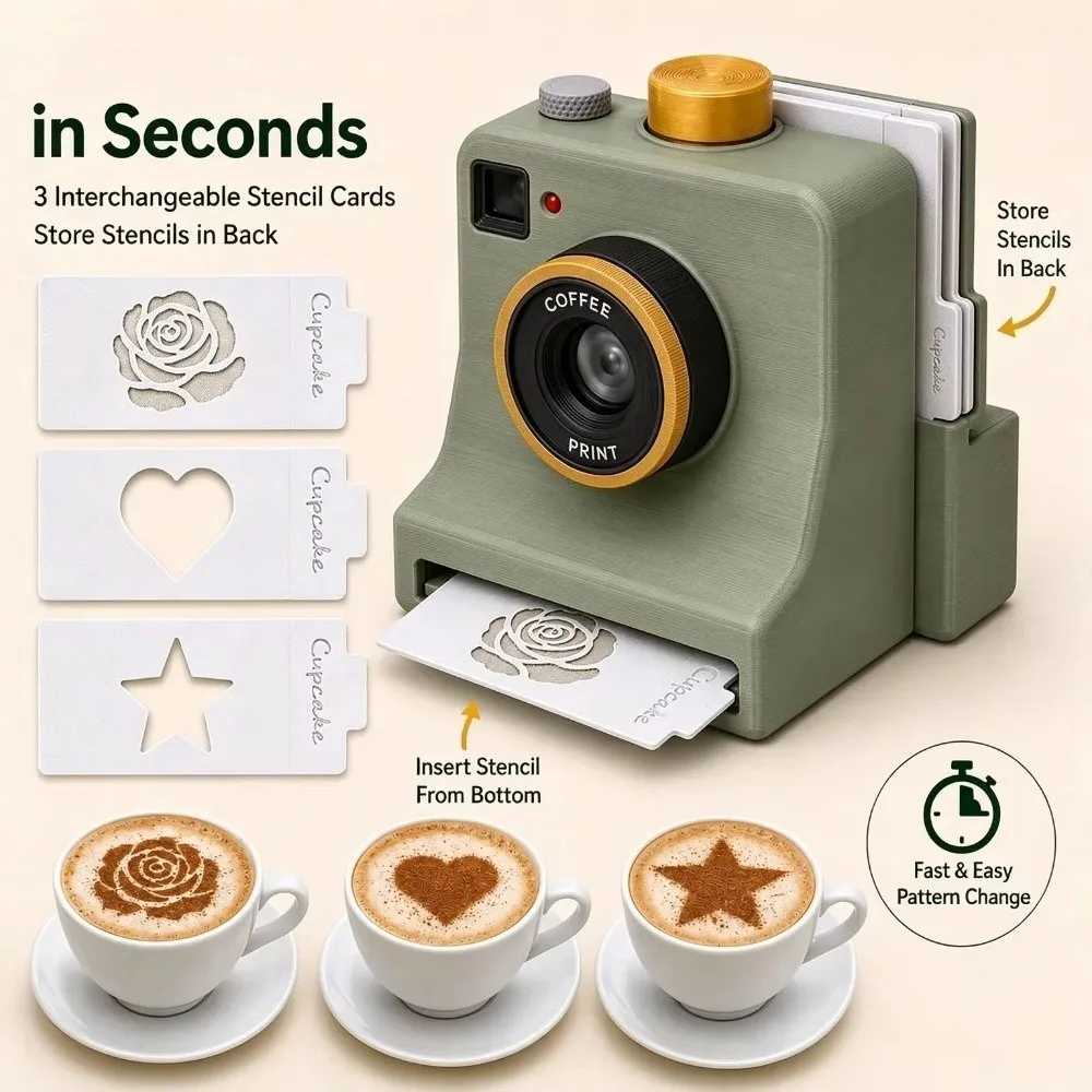 Retro Camera Shape Coffee Latte Art Camera with Template Cards One-Touch Manual Coffee Printer Mechanical Powder Art Maker