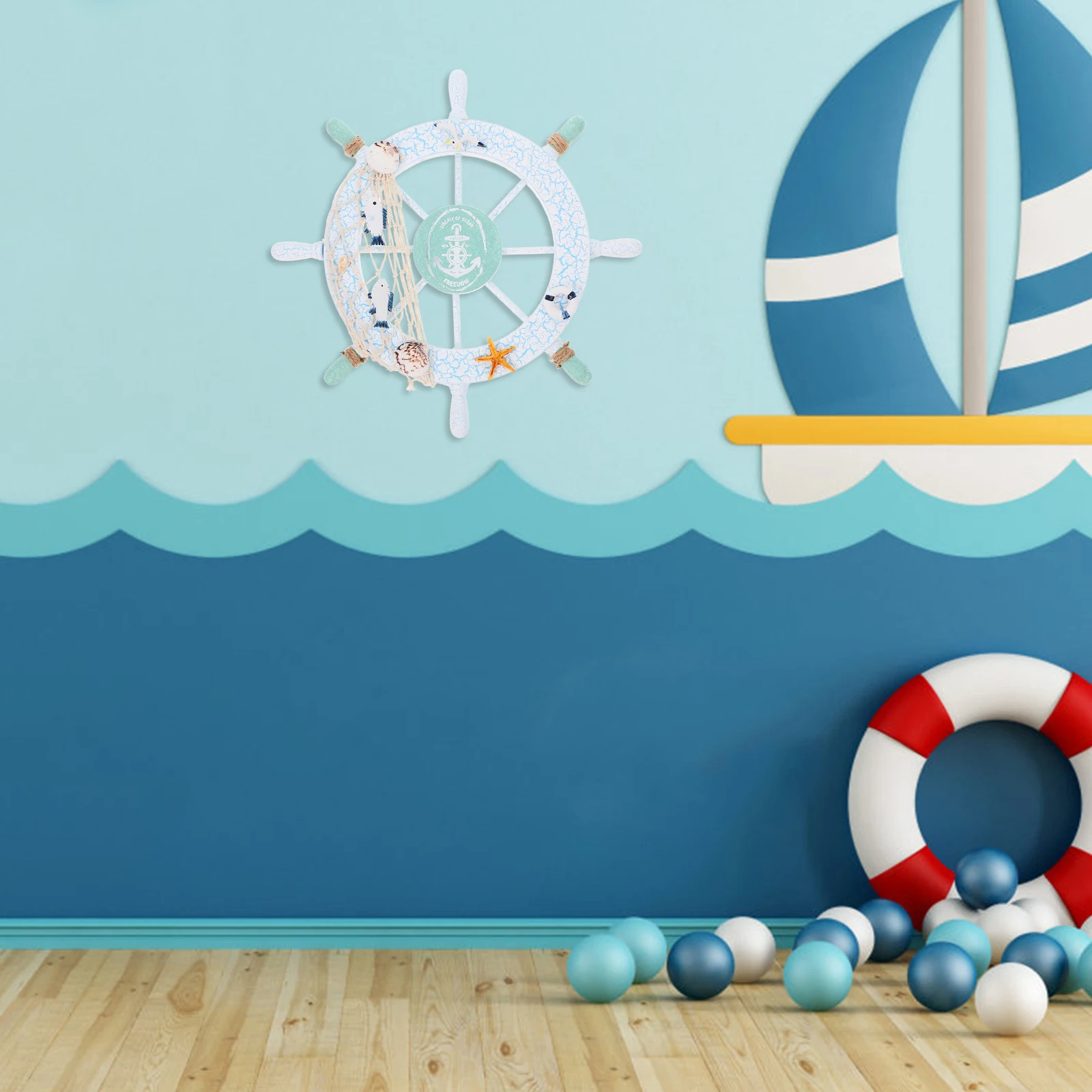 

Wooden Ship Wheel Decoration Light Blue White Spokes Nautical Wall Art Home Coastal Decor Beach Style Boat Wheel