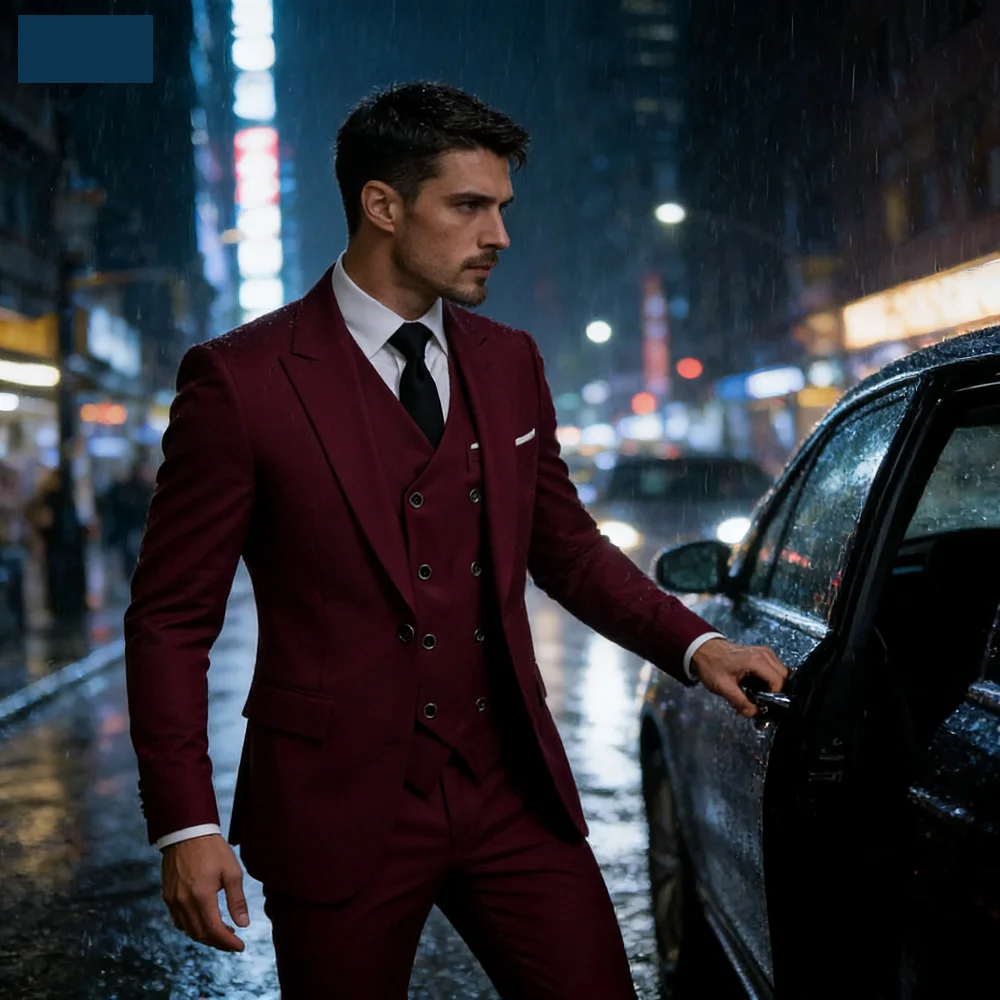 

Мужской костюм-тройка бордового цвета: элегантный комплект с однобортным пиджаком с острыми лацканами, брюками и жилетом для торжественных мероприятий и деловых встреч (пиджак+брюки+жилет)