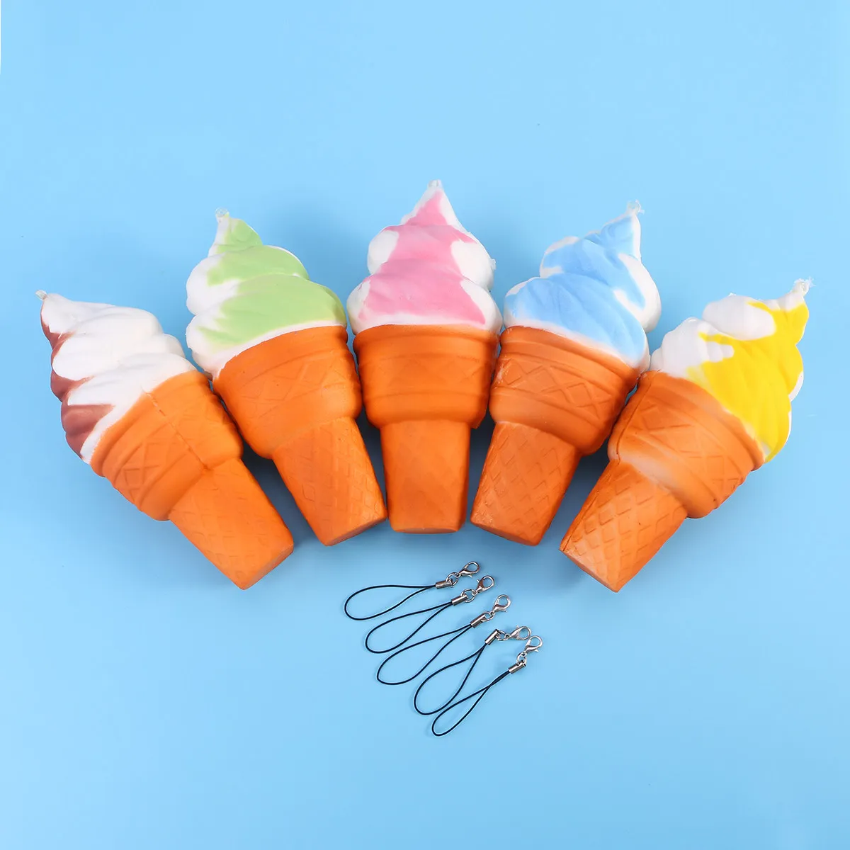 5Pcs Realistic Ice Cream Squeeze Charm Key Chain Elastic PU Stress Reliever Phone Pendant Strap Green Pink Yellow