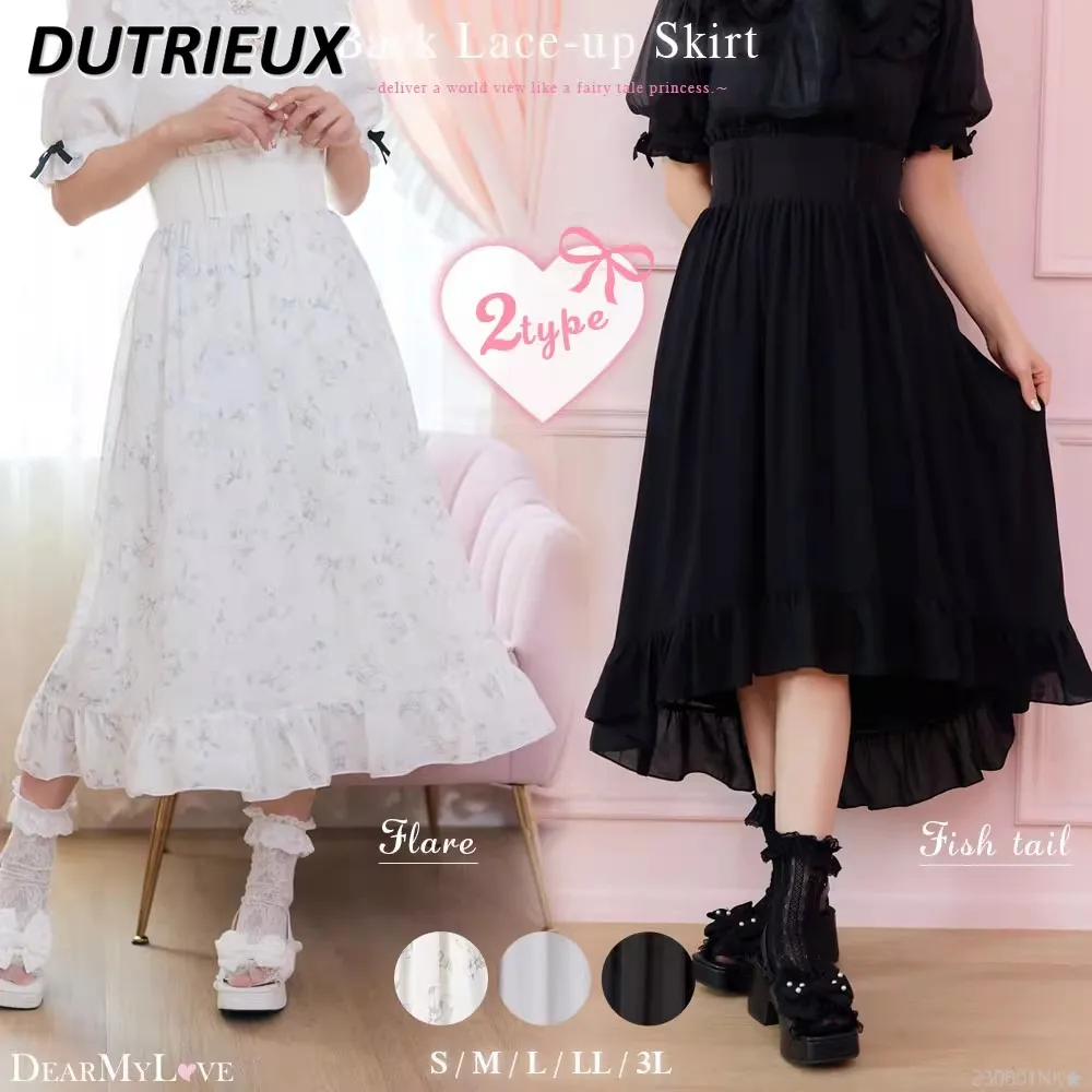 

Japanese Style Simple Sweet Lady Commuter Maxi Skirt Waist Ribbon Tied High Waist Slimming Flounce Fairy Long Skirts for Women