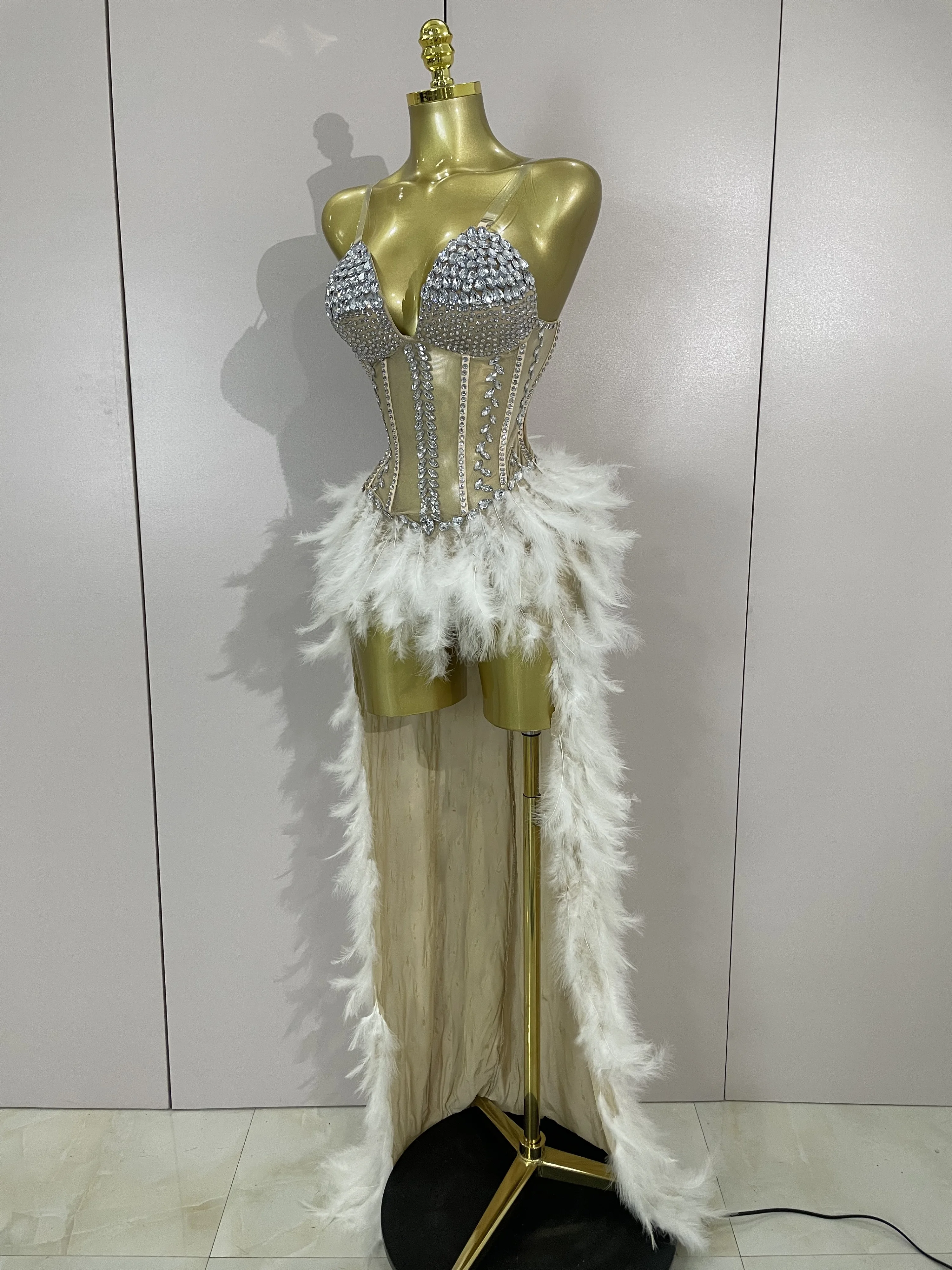Sparkly Rhinestones Feathers Long Tail Bodysuits Sexy Mesh Transparent Stage Dress Evening Party Celebrate Luxury Birthday Dress