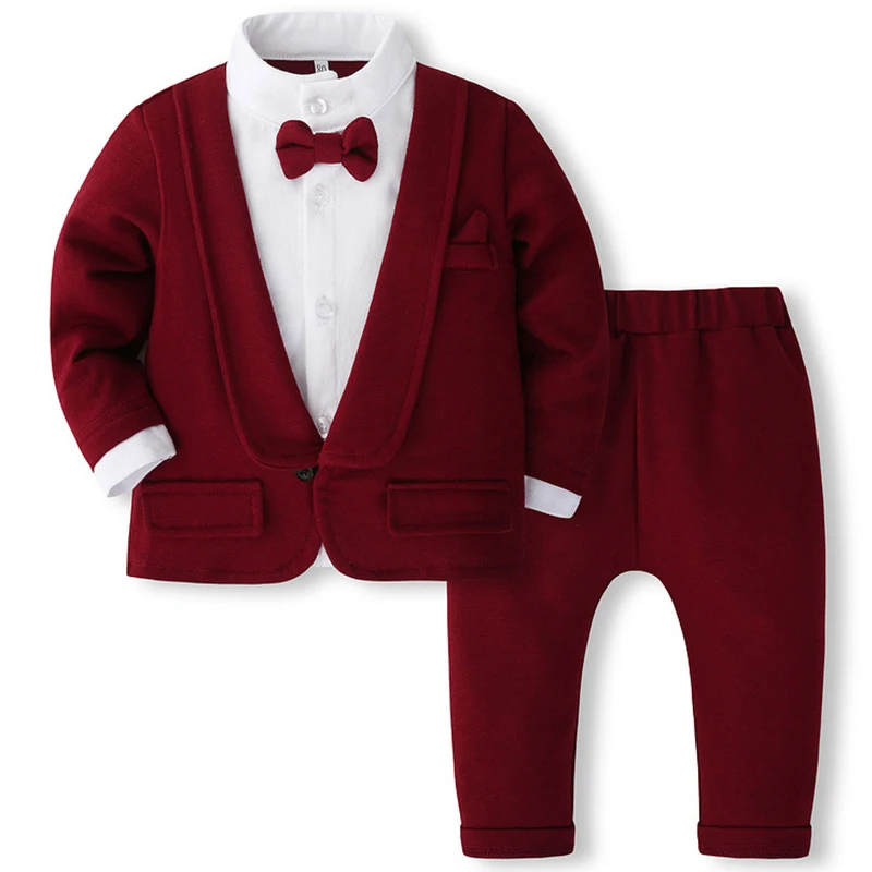 2Piece Spring Fall Boys Outfit Set Korean Fashion Gentleman Suit Red Tie Coat+Pants Newborn Clothes Baby Luxury Clothing BC1762