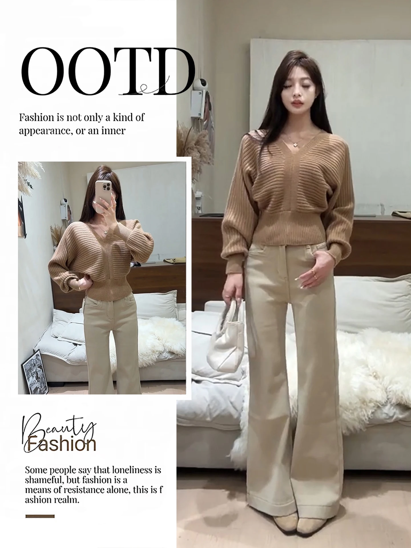 

Slimming Knitted Top And Casual Pants Set Women's Soft Cozy High Waist V-Ne Batwing Sve Faion Autumn Outfit Korean Sle