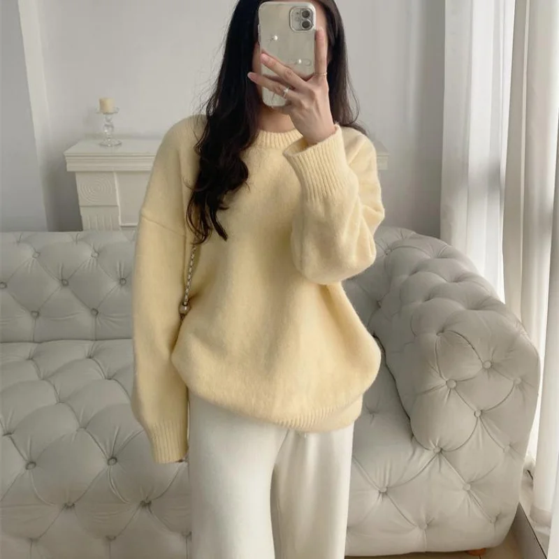 

Мягкий желтый женский пуловер с круглым вырезом, свободный крой, ленивый стиль, утягивающий, утолщенный, теплый вязаный топ, осень
