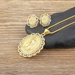 AIBEF Catholicism Our Lady of Guadalupe Women Jewelry Sets Gold Color Earrings Necklace Copper Zircon Accessories Gift Wholesale